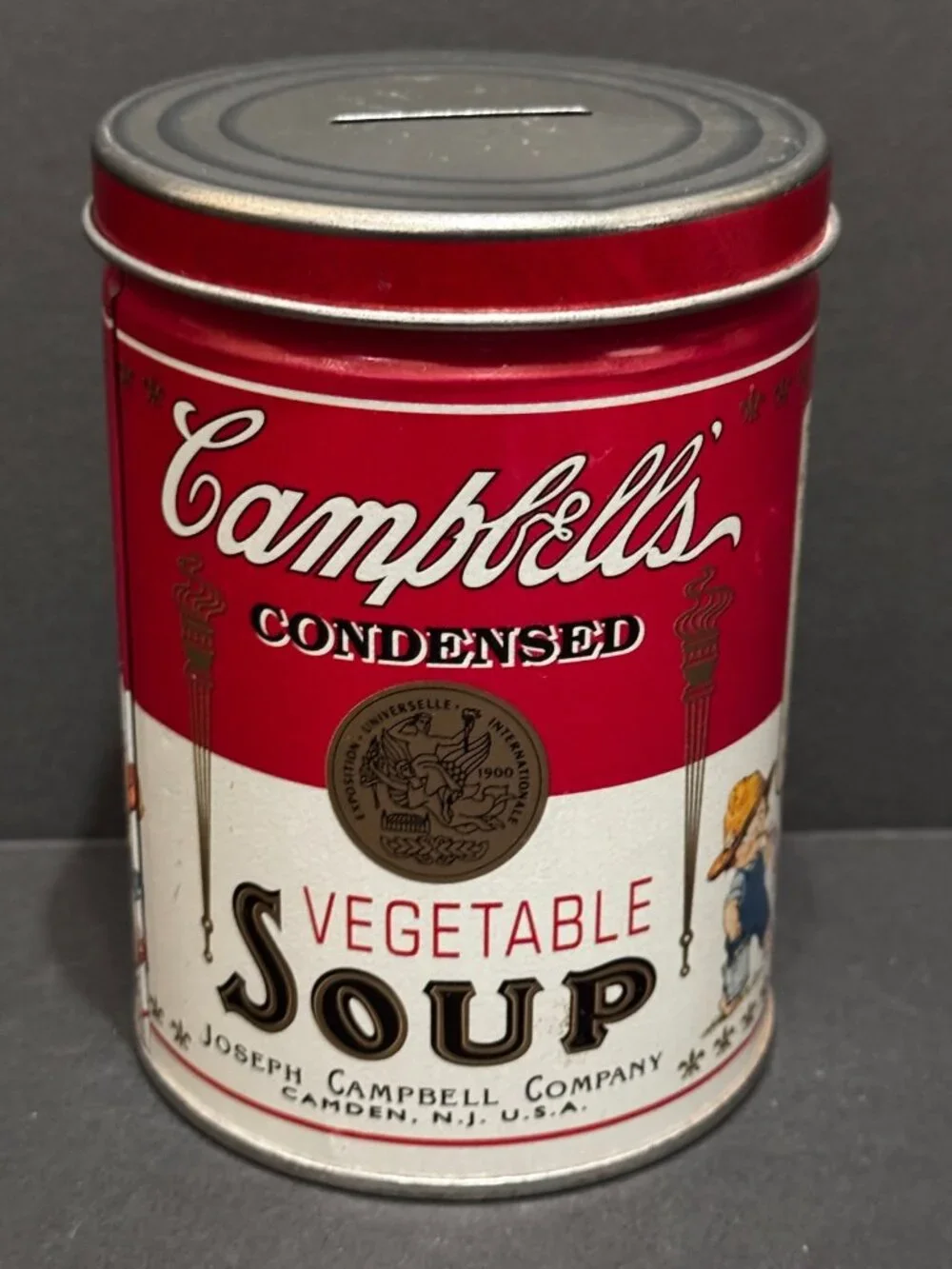 Campbell's Vegetable Soup Tin Canister Bank ft. Campbells Kids Vintage ca. 1997
